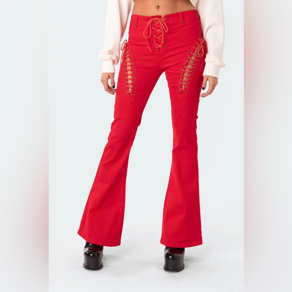 Red side tie pants
